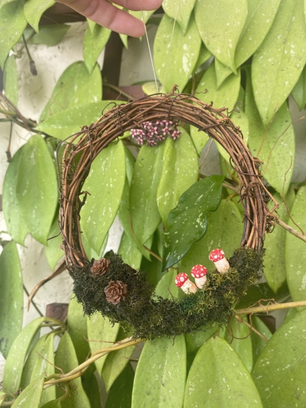 Rustic Grapevine Wreath with Moss & Red Toadstool Accents